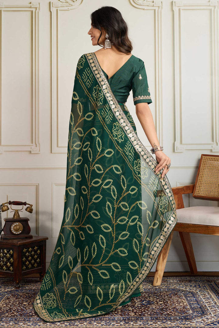 Trendy Georgette Fabric Dark Green Color Bandhani Printed Saree
