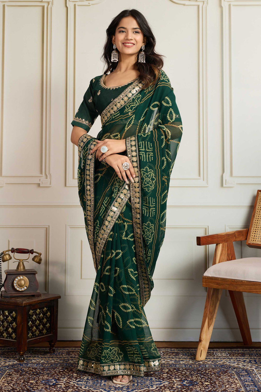 Trendy Georgette Fabric Dark Green Color Bandhani Printed Saree