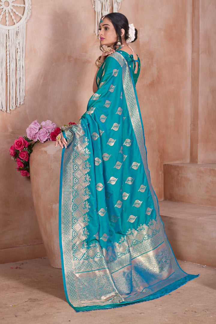 Dazzling Cyan Color Weaving Banarasi Jari Silk Saree