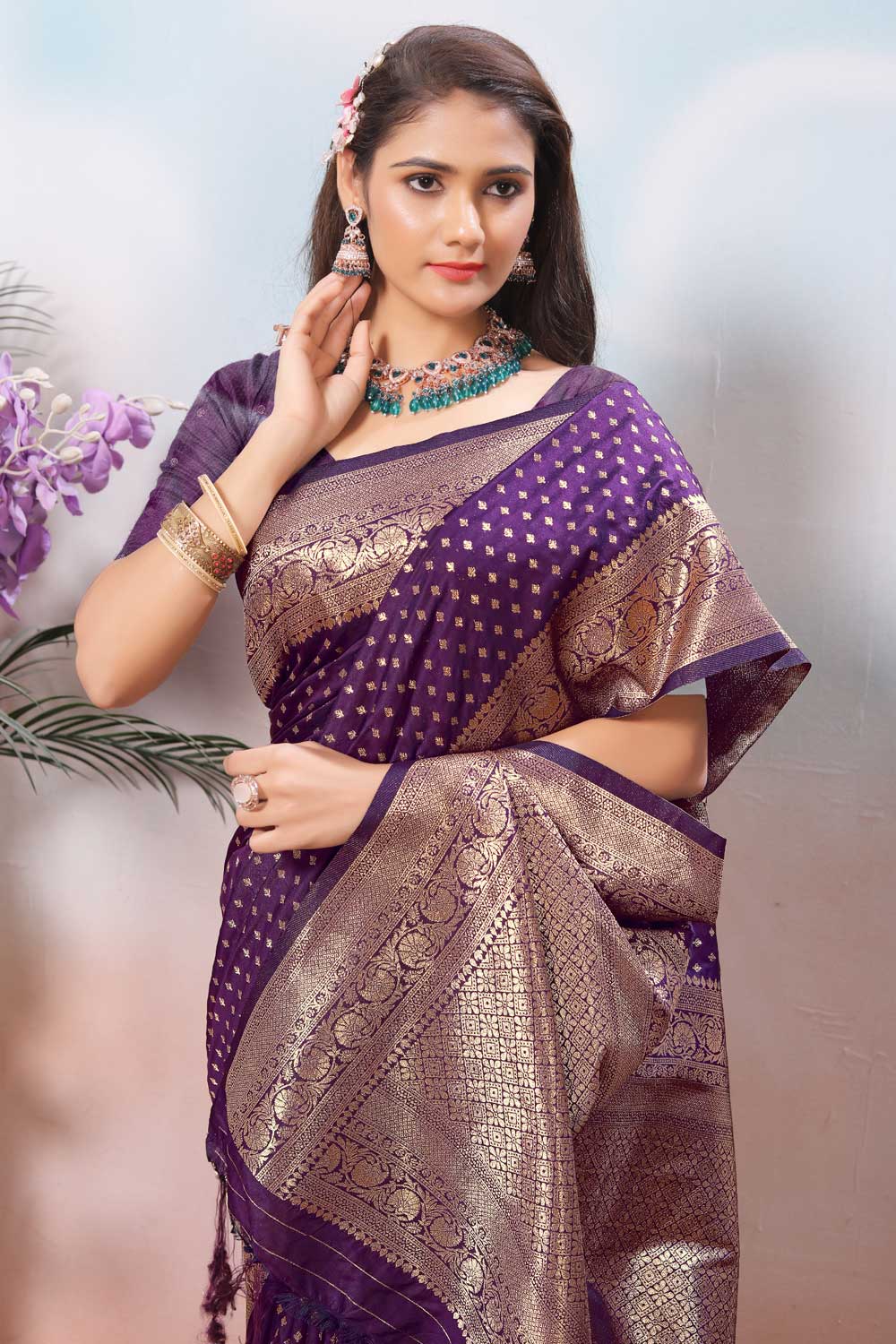 Tempting Purple Color Weaving Banarasi Jari Silk Saree