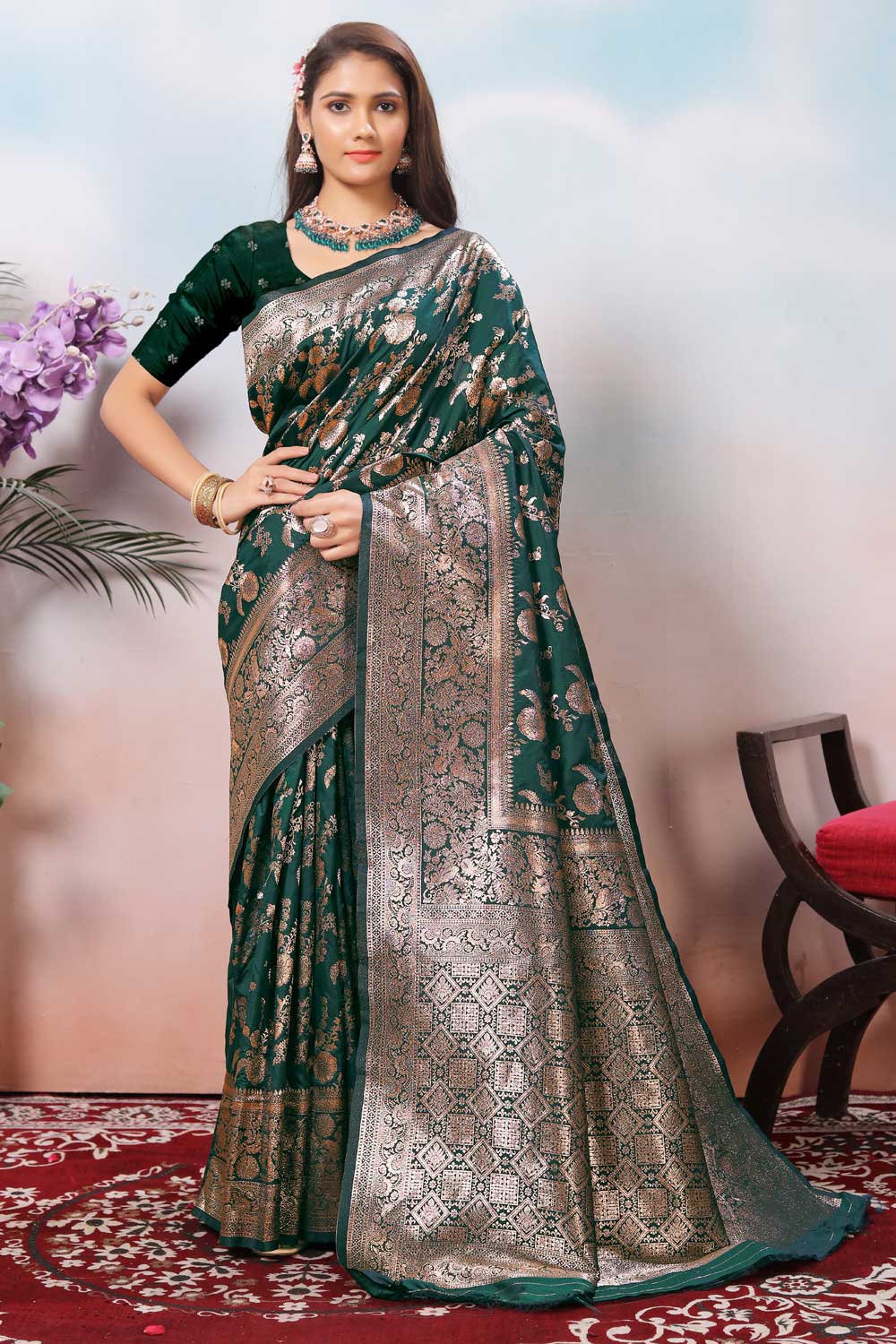 Art Silk Weaving Banarasi Jari Work Saree In Green Color