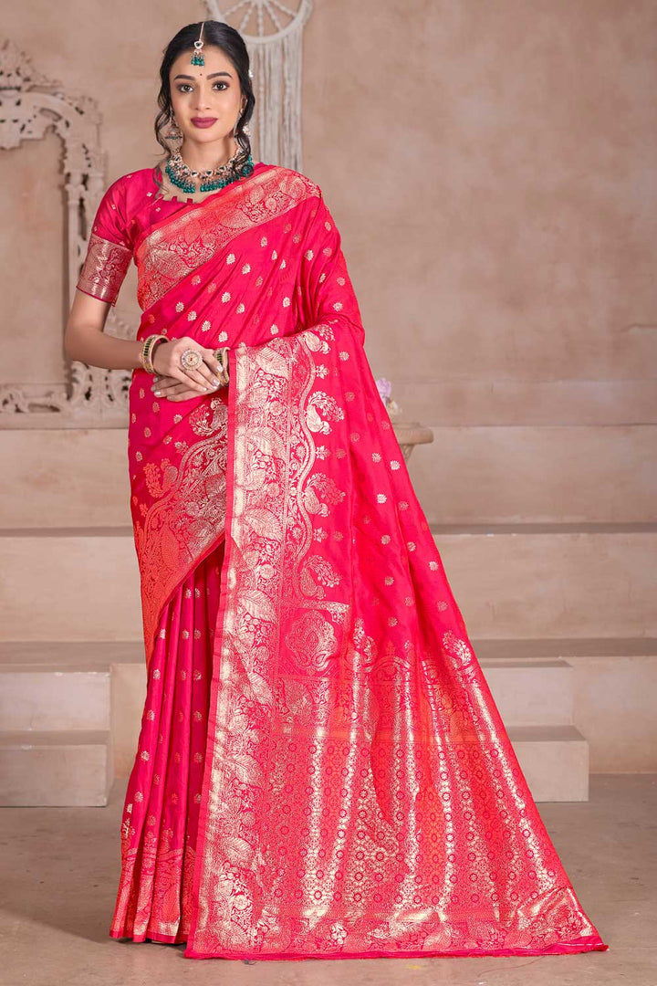 Heavy Art Silk Fabric Weaving Banarasi Jari Pink Color Saree