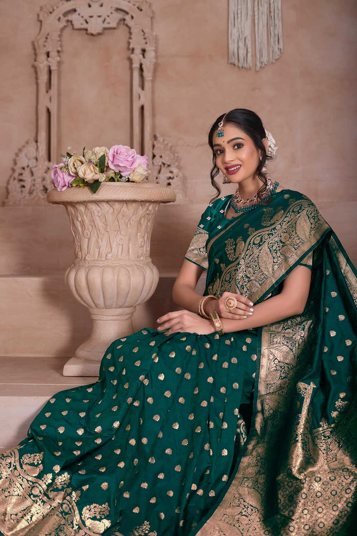 Trendy Art Silk Fabric Green Color Weaving Banarasi Jari Saree