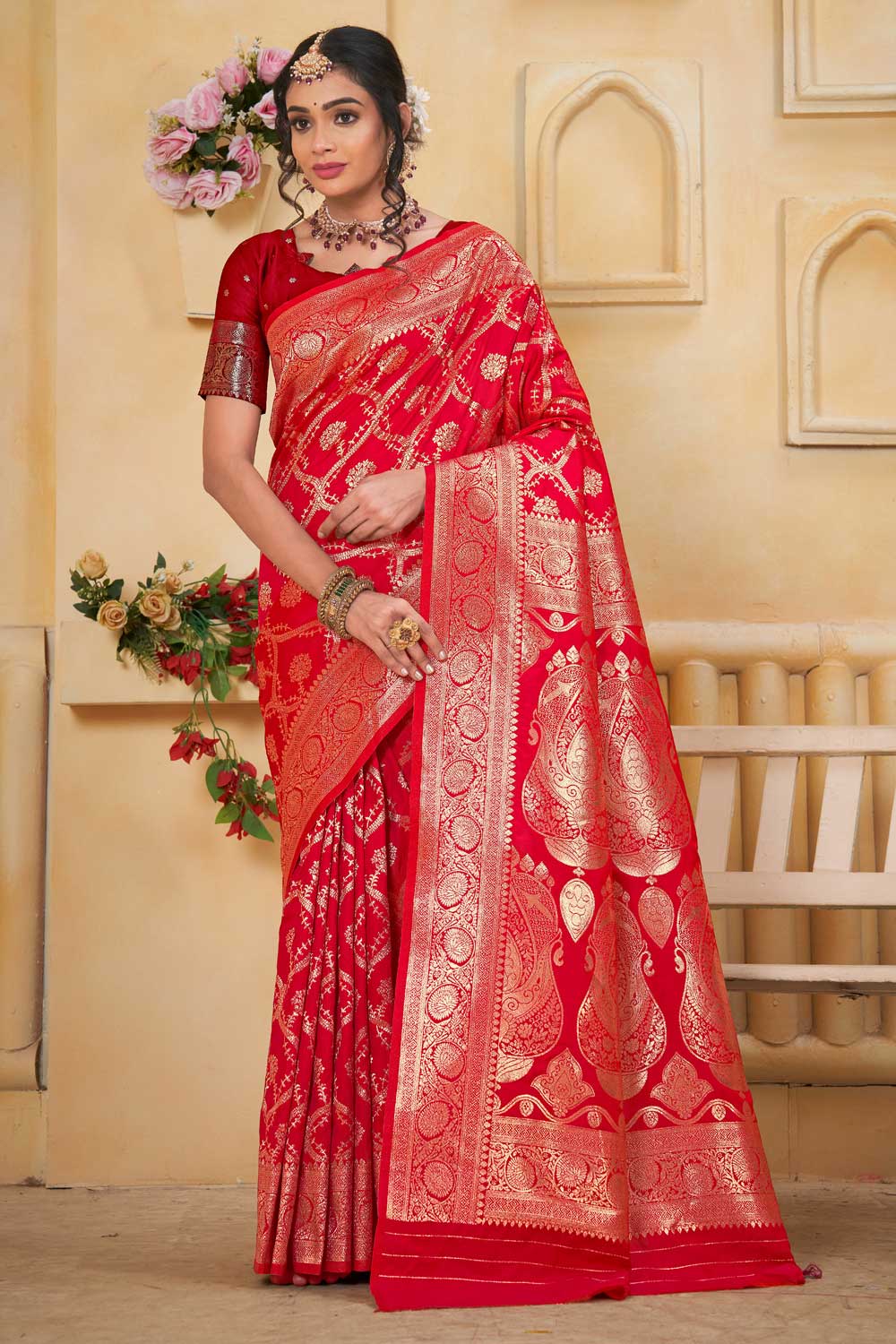 Art Silk Weaving Banarasi Jari Classic Red Saree