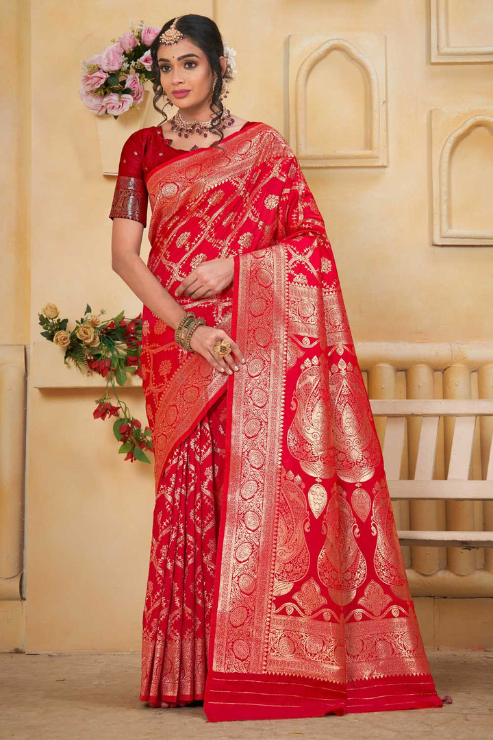 Art Silk Weaving Banarasi Jari Classic Red Saree