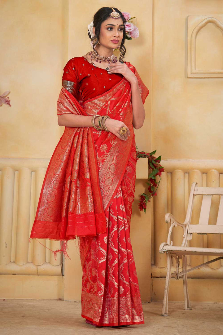 Orange Color Weaving Banarasi Jari Classic Art Silk Saree