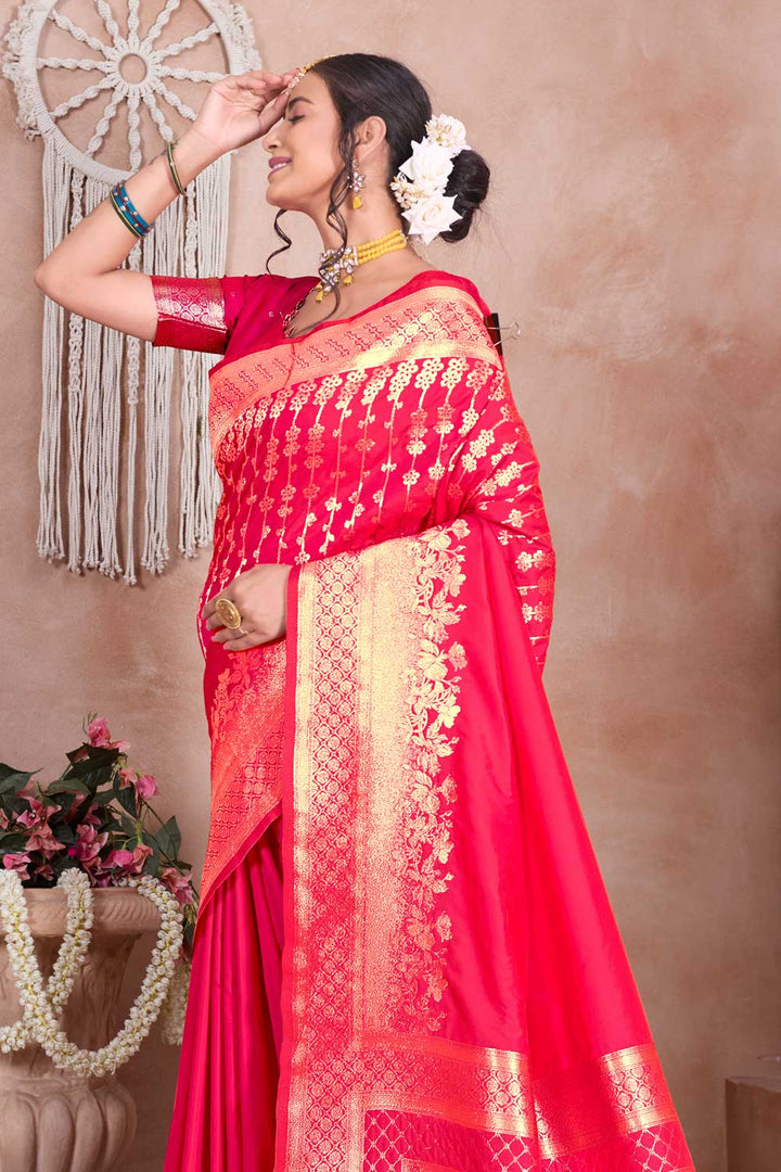 Art Silk Fabric Weaving Banarasi Jari Work Pink Saree