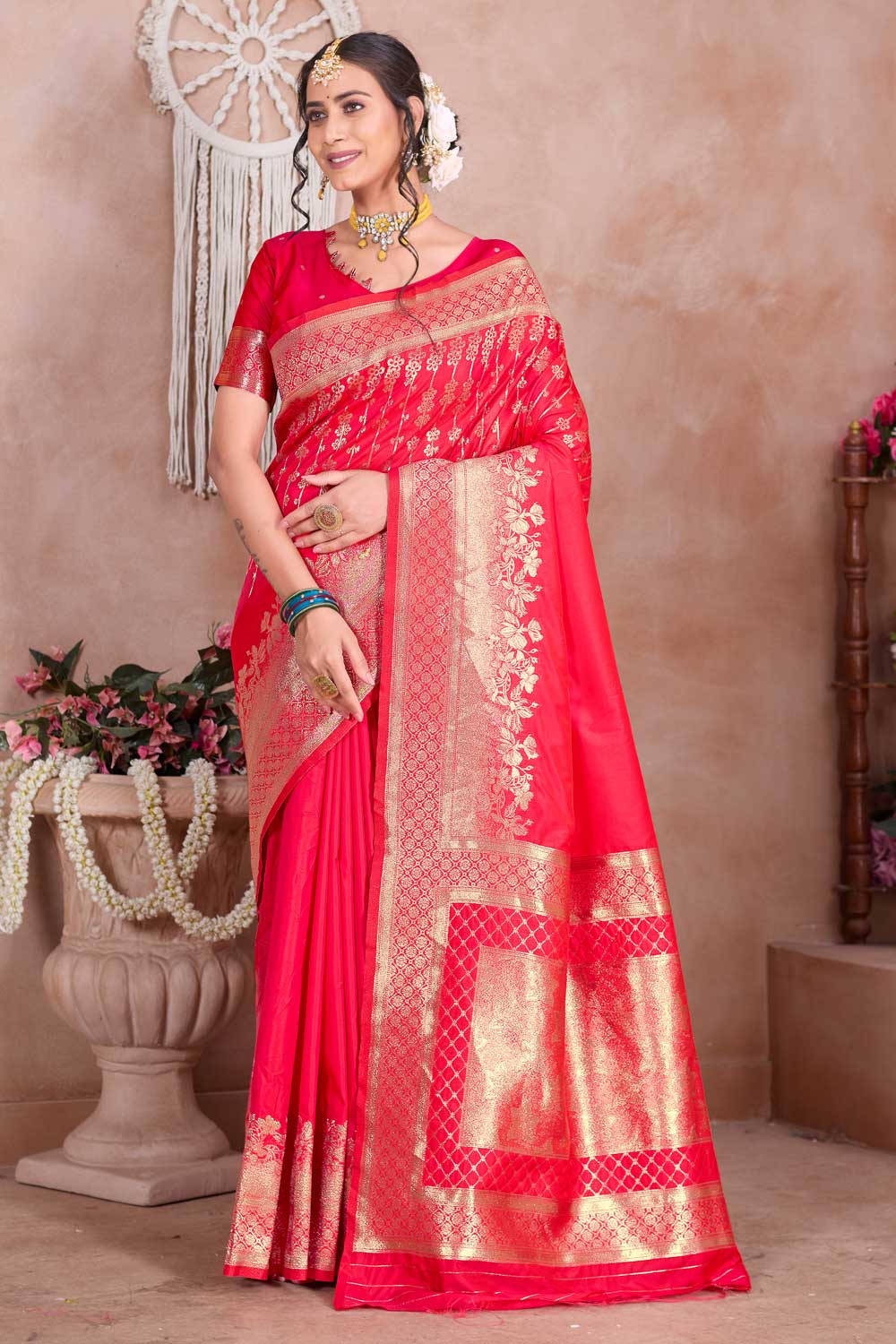 Red Art Silk Weaving Banarasi Jari Work Saree For Festive Wear