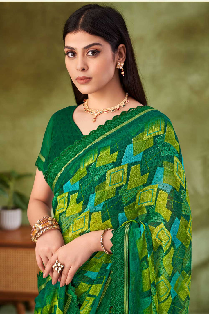 Tempting Chiffon Fabric Green Color Printed Saree