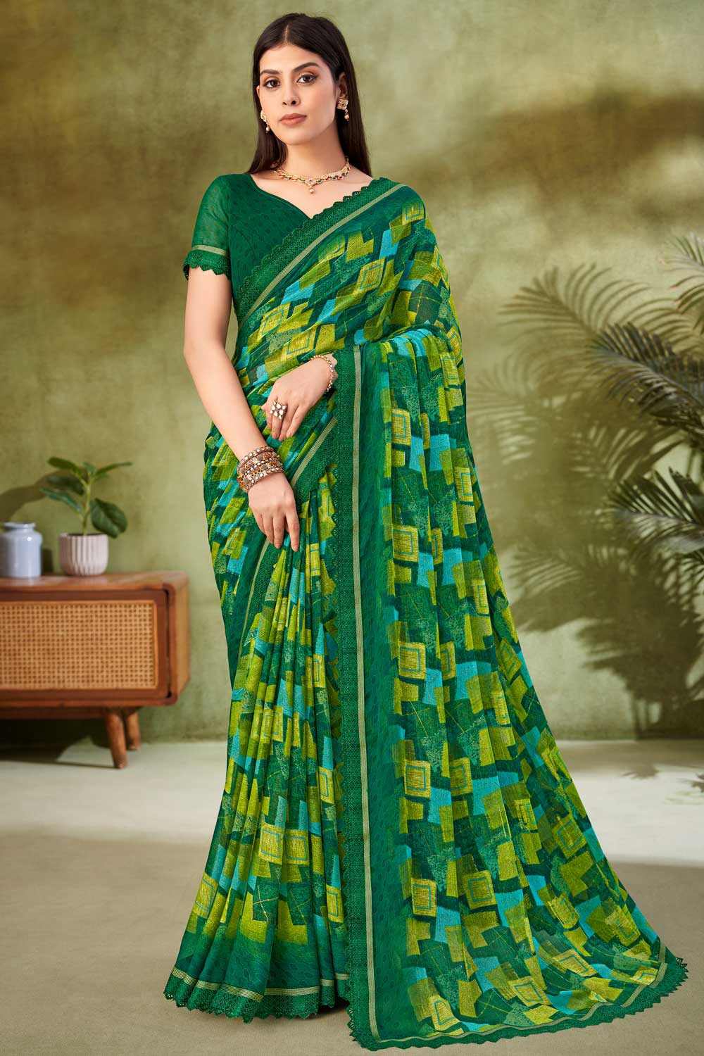 Tempting Chiffon Fabric Green Color Printed Saree