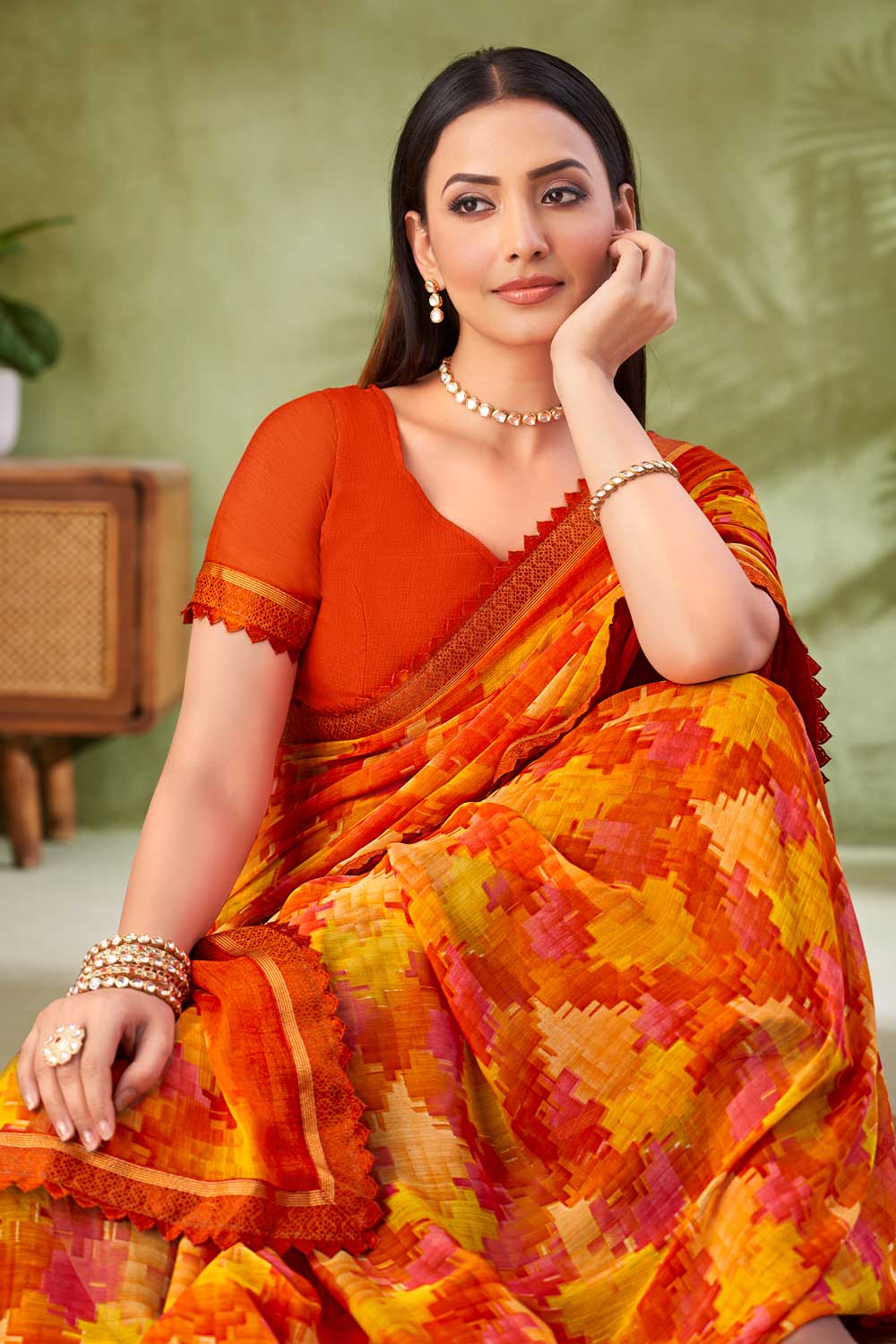 Engaging Orange Color Chiffon Fabric Printed Saree