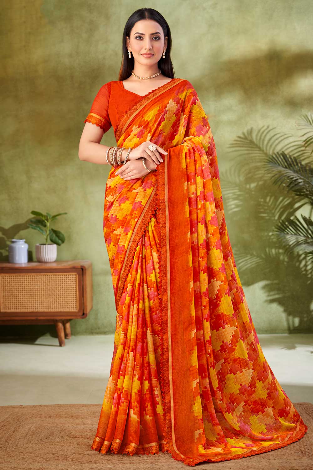 Engaging Orange Color Chiffon Fabric Printed Saree
