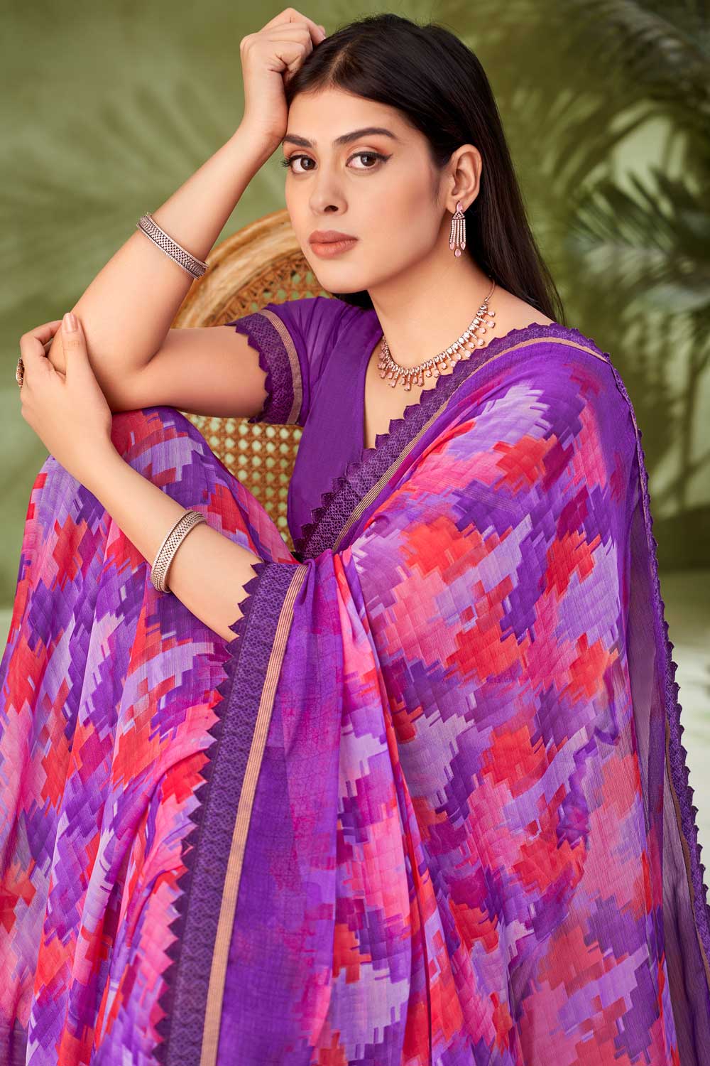 Classic Purple Color Printed Saree In Chiffon Fabric