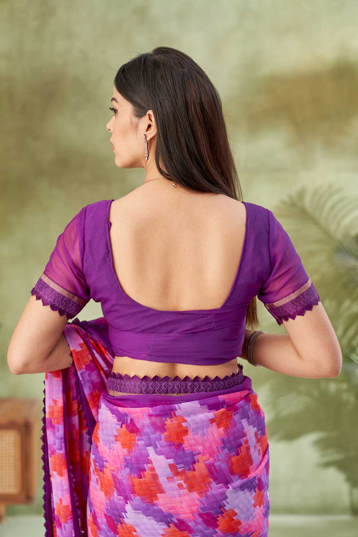 Classic Purple Color Printed Saree In Chiffon Fabric