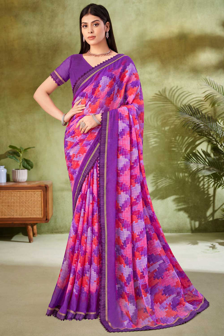 Classic Purple Color Printed Saree In Chiffon Fabric