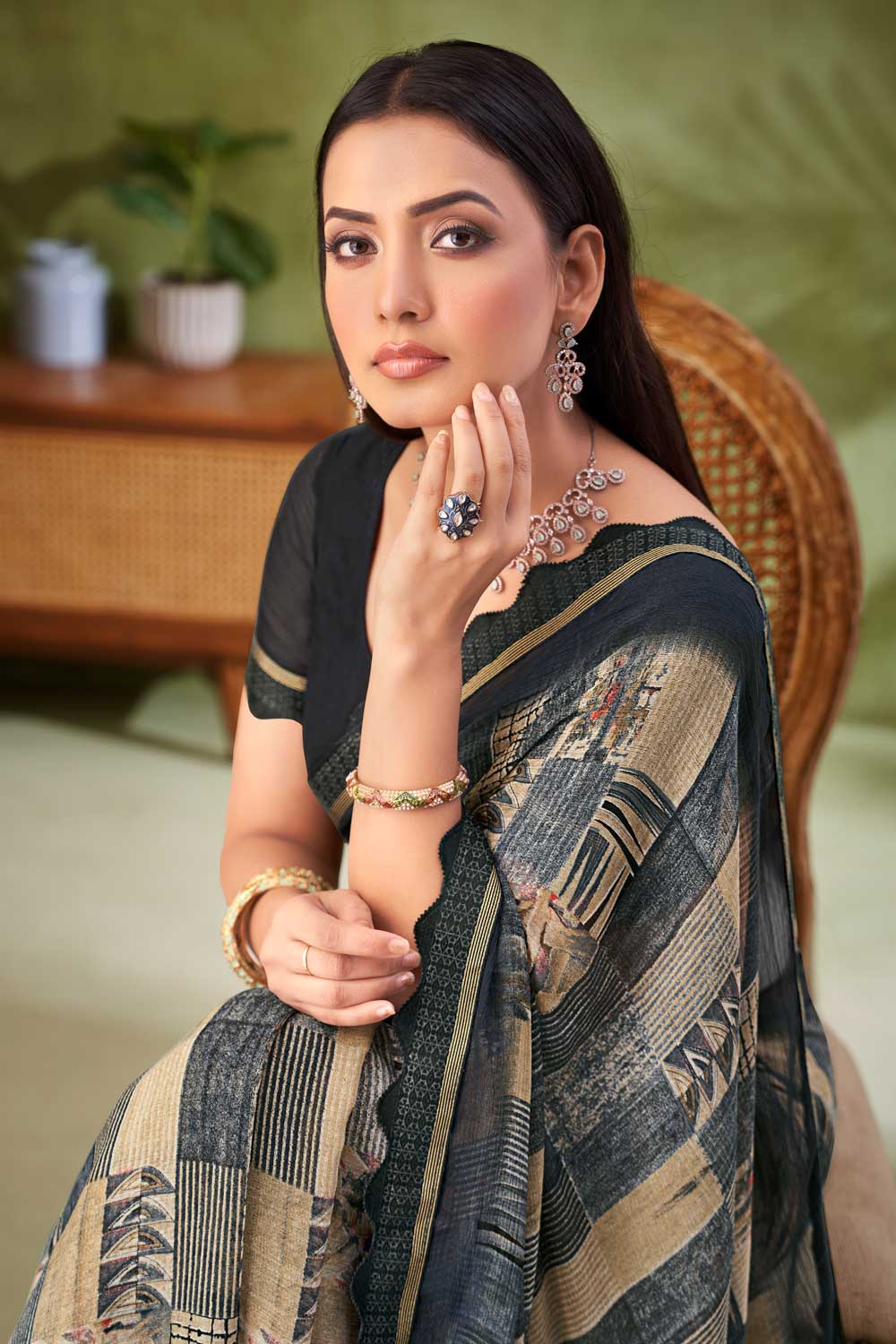 Lovely Chiffon Fabric Black Color Printed Saree