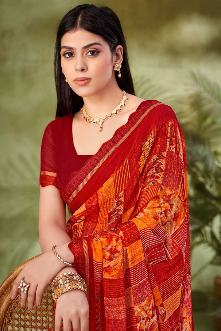Creative Printed Saree In Red Color Chiffon Fabric