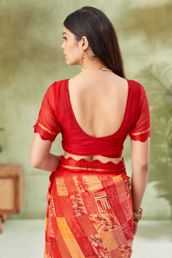 Creative Printed Saree In Red Color Chiffon Fabric