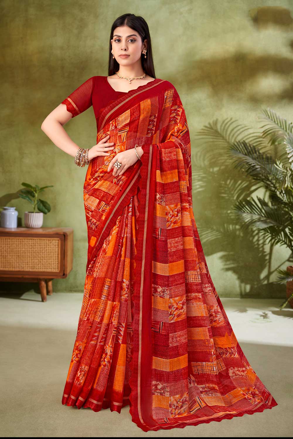 Creative Printed Saree In Red Color Chiffon Fabric