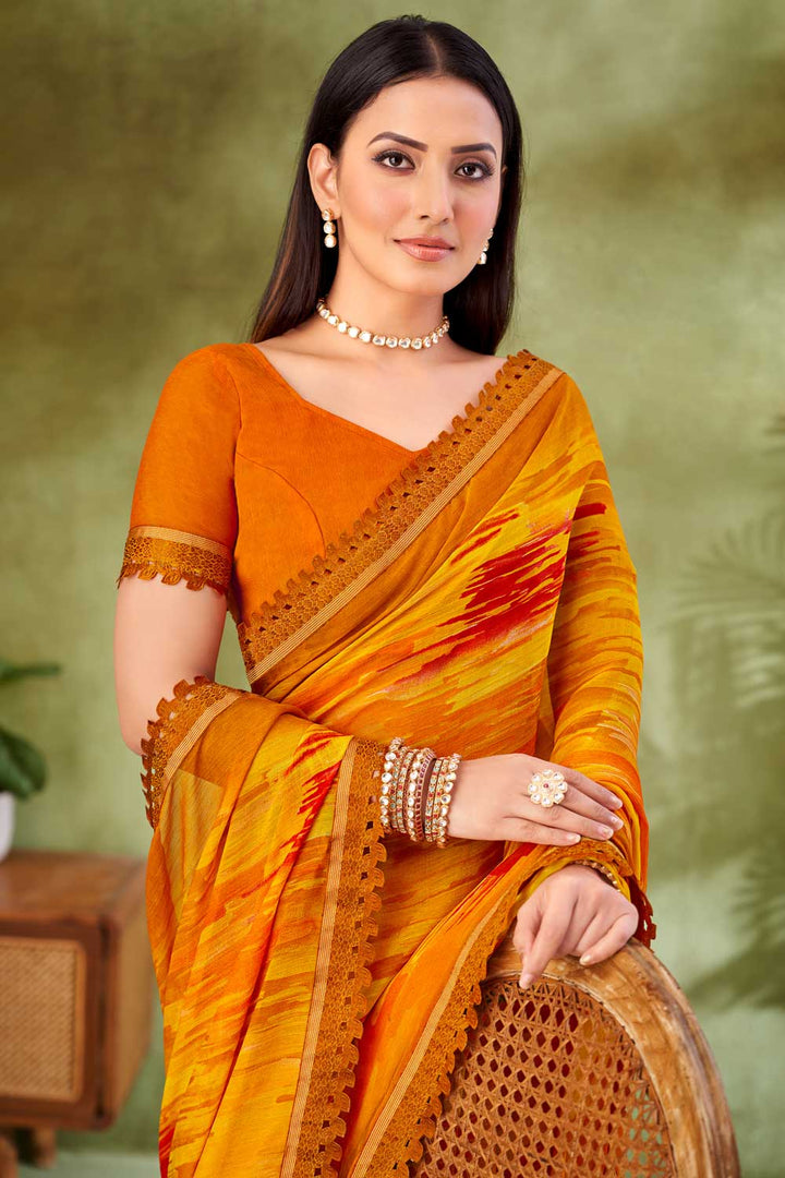 Marvellous Chiffon Fabric Printed Saree In Yellow Color