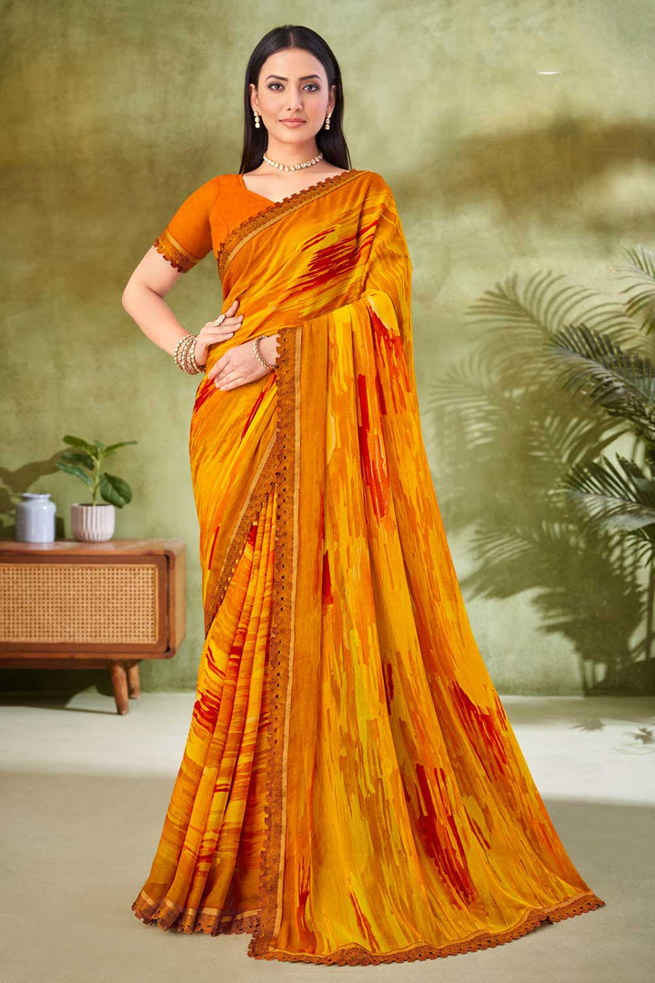 Marvellous Chiffon Fabric Printed Saree In Yellow Color