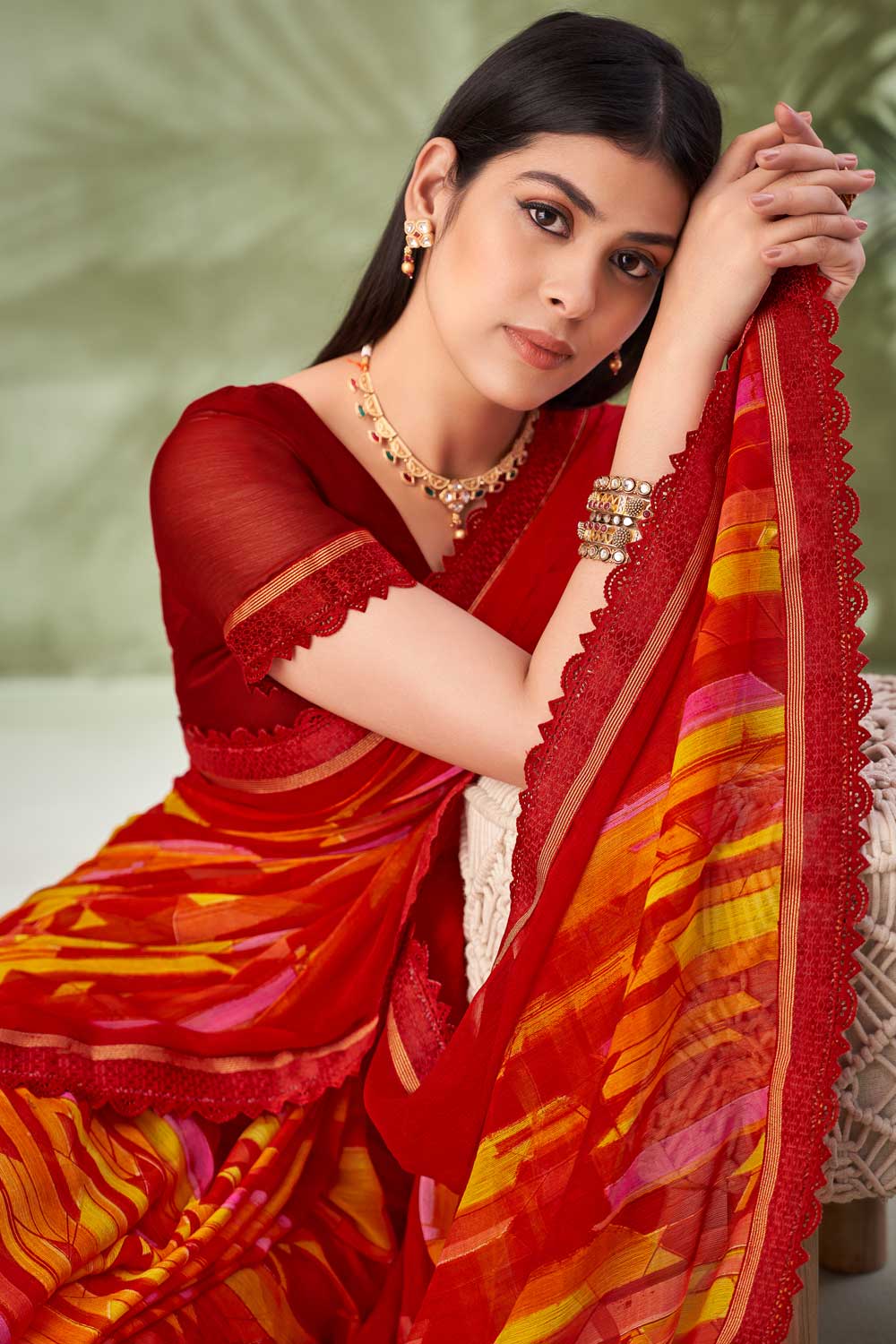 Red Color Chiffon Fabric Beauteous Printed Saree