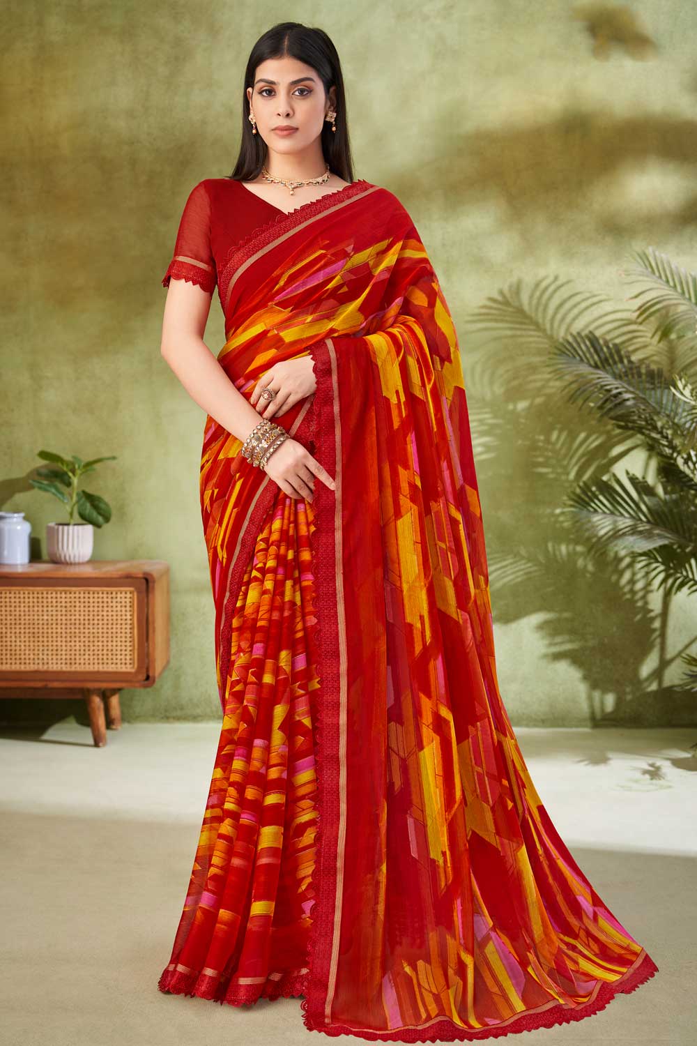 Red Color Chiffon Fabric Beauteous Printed Saree