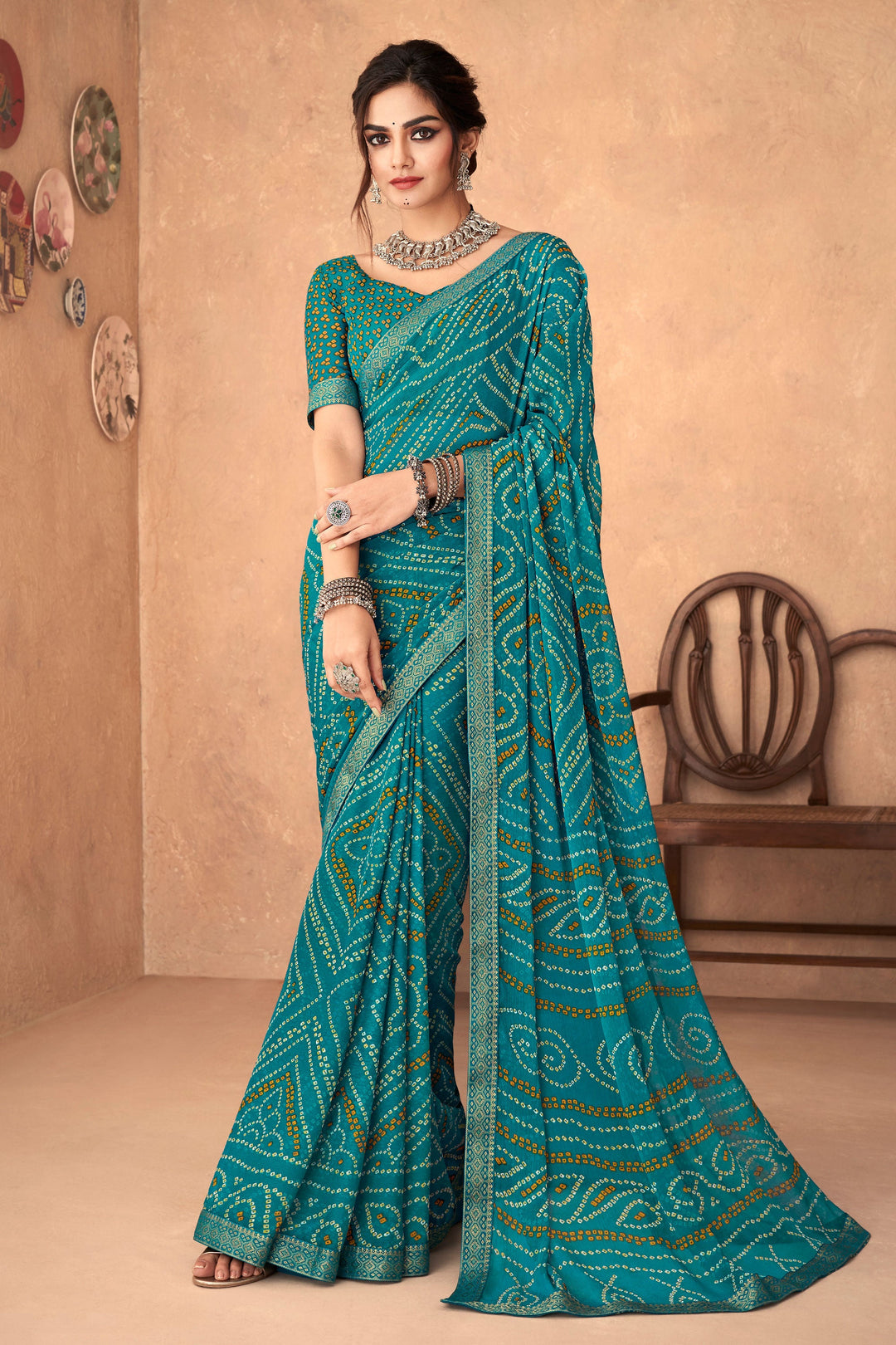 Teal Color Bandhani Printed Attached Banarasi Border Saree
