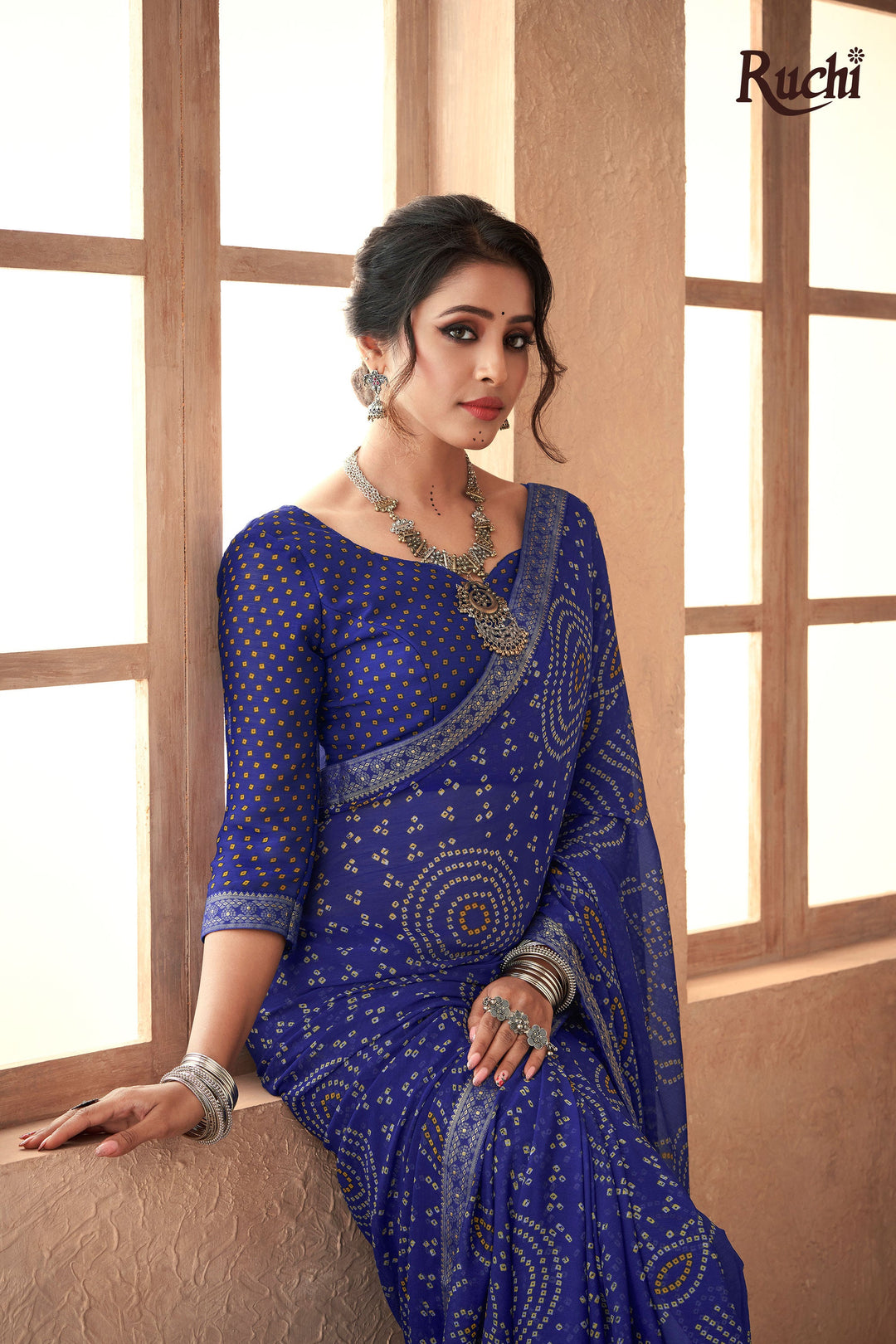 Chiffon Fabric Blue Bandhani Printed Attached Banarasi Border Saree