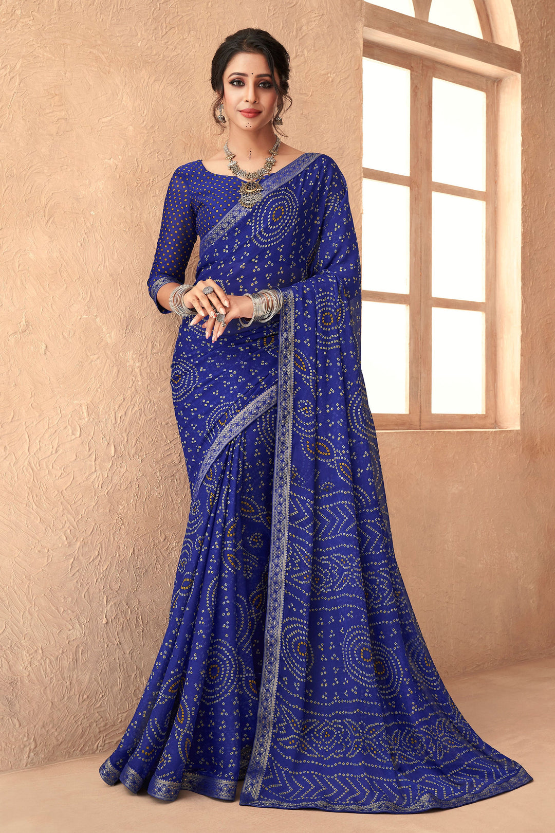 Chiffon Fabric Blue Bandhani Printed Attached Banarasi Border Saree
