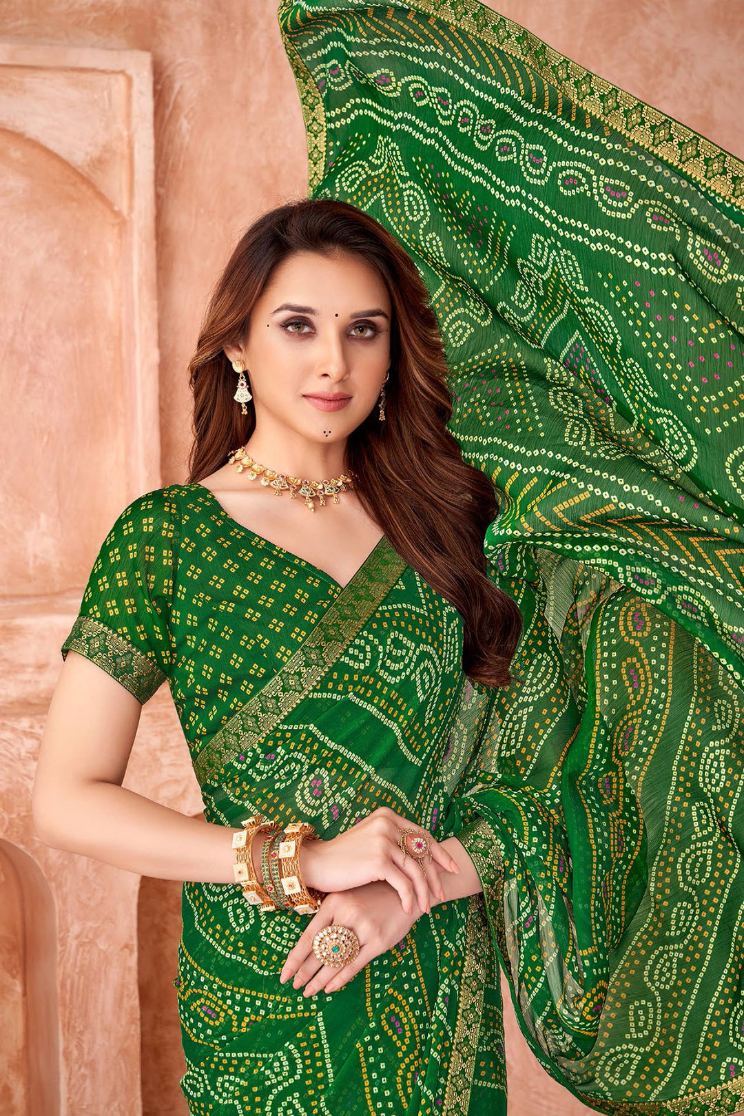 Green Color Bandhani Printed Chiffon Fabric Saree