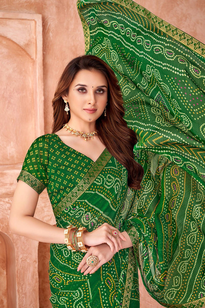 Green Color Bandhani Printed Chiffon Fabric Saree