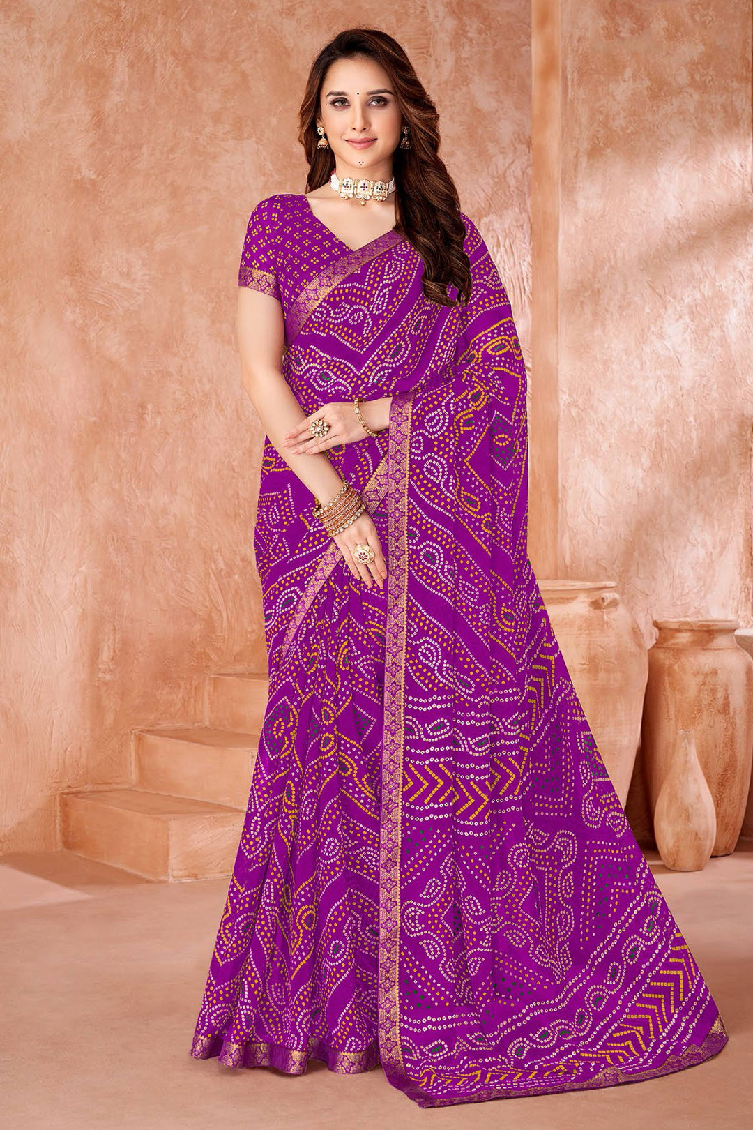 Chiffon Fabric Purple Color Bandhani Printed Saree