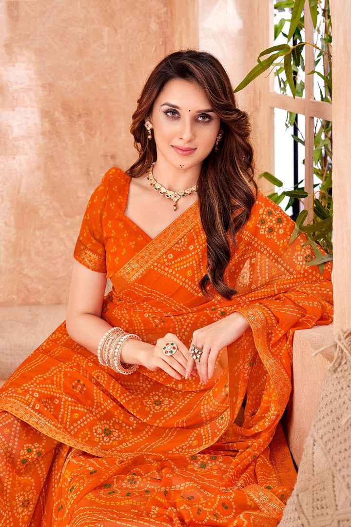 Chiffon Fabric Orange Color Bandhani Printed Saree