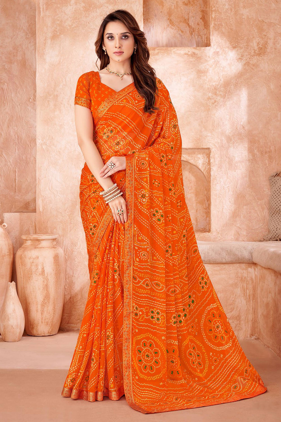 Chiffon Fabric Orange Color Bandhani Printed Saree