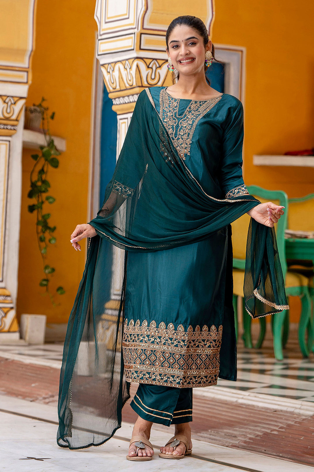 Fabulous Art Silk Fabric Teal Color Salwar Suit