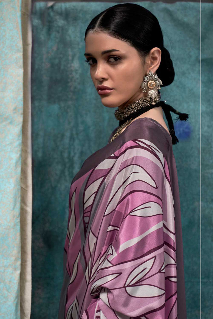 Grey Color Exquisite Printed Crepe Fabric Saree