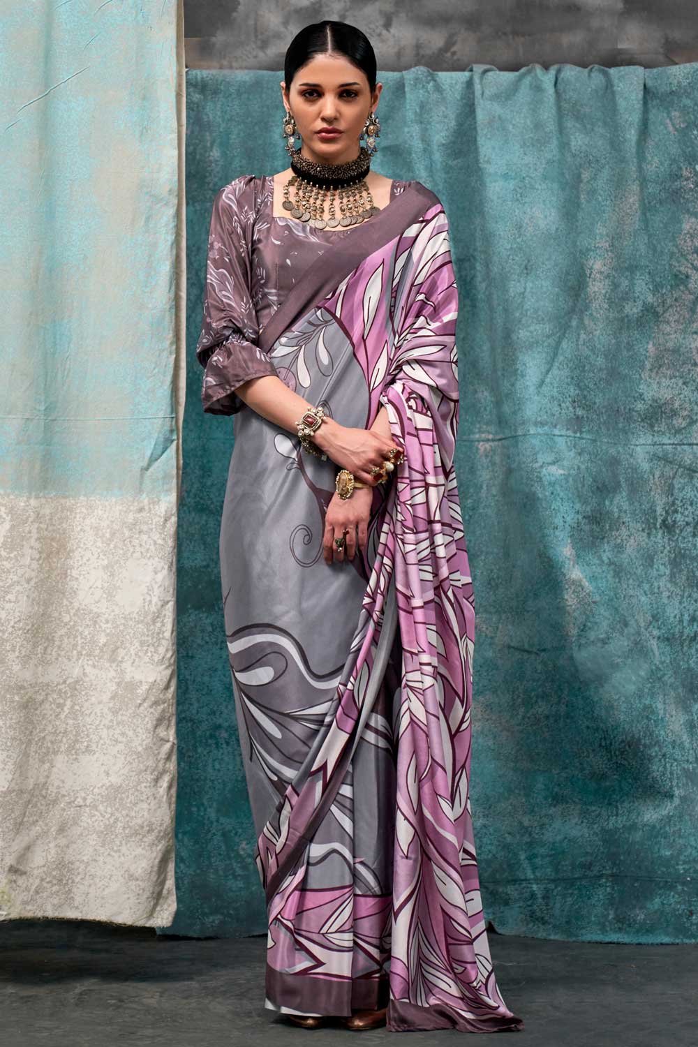 Grey Color Exquisite Printed Crepe Fabric Saree