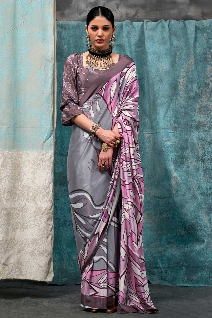Grey Color Exquisite Printed Crepe Fabric Saree