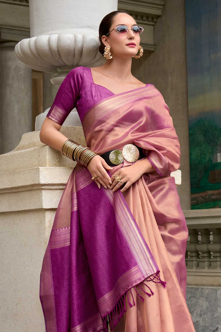 Appealing Weaving Work On Tissue Silk Fabric Saree In Pink Color