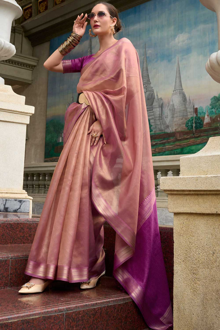 Appealing Weaving Work On Tissue Silk Fabric Saree In Pink Color