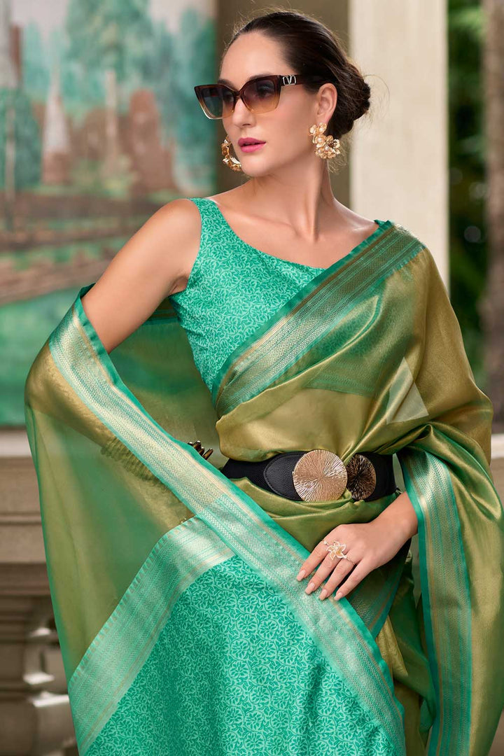 Imperial Cyan Color Tissue Silk Fabric Saree With Weaving Work
