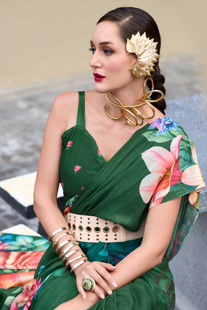 Gorgeous Look Floral Printed Saree In Dark Green Georgette Fabric
