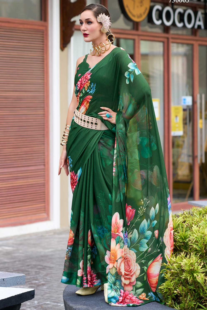 Gorgeous Look Floral Printed Saree In Dark Green Georgette Fabric