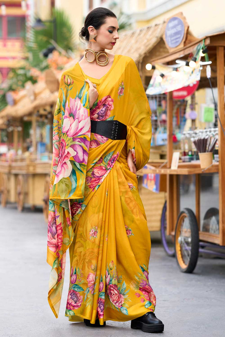 Yellow Floral Printed Saree with Ethereal Georgette Fabric