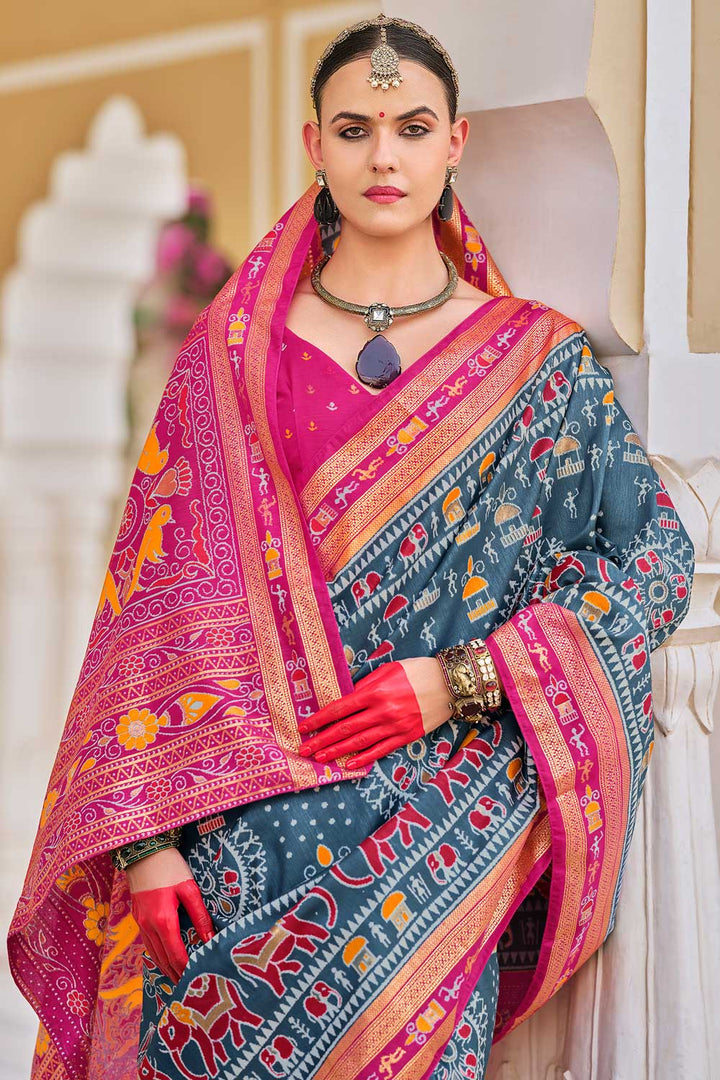 Grey Color Exquisite Art Silk Printed Saree