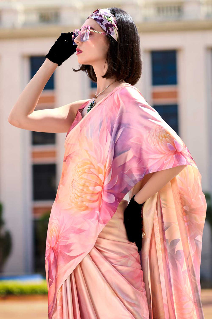Multi Color Satin Fabric Engaging Saree With Printed Work