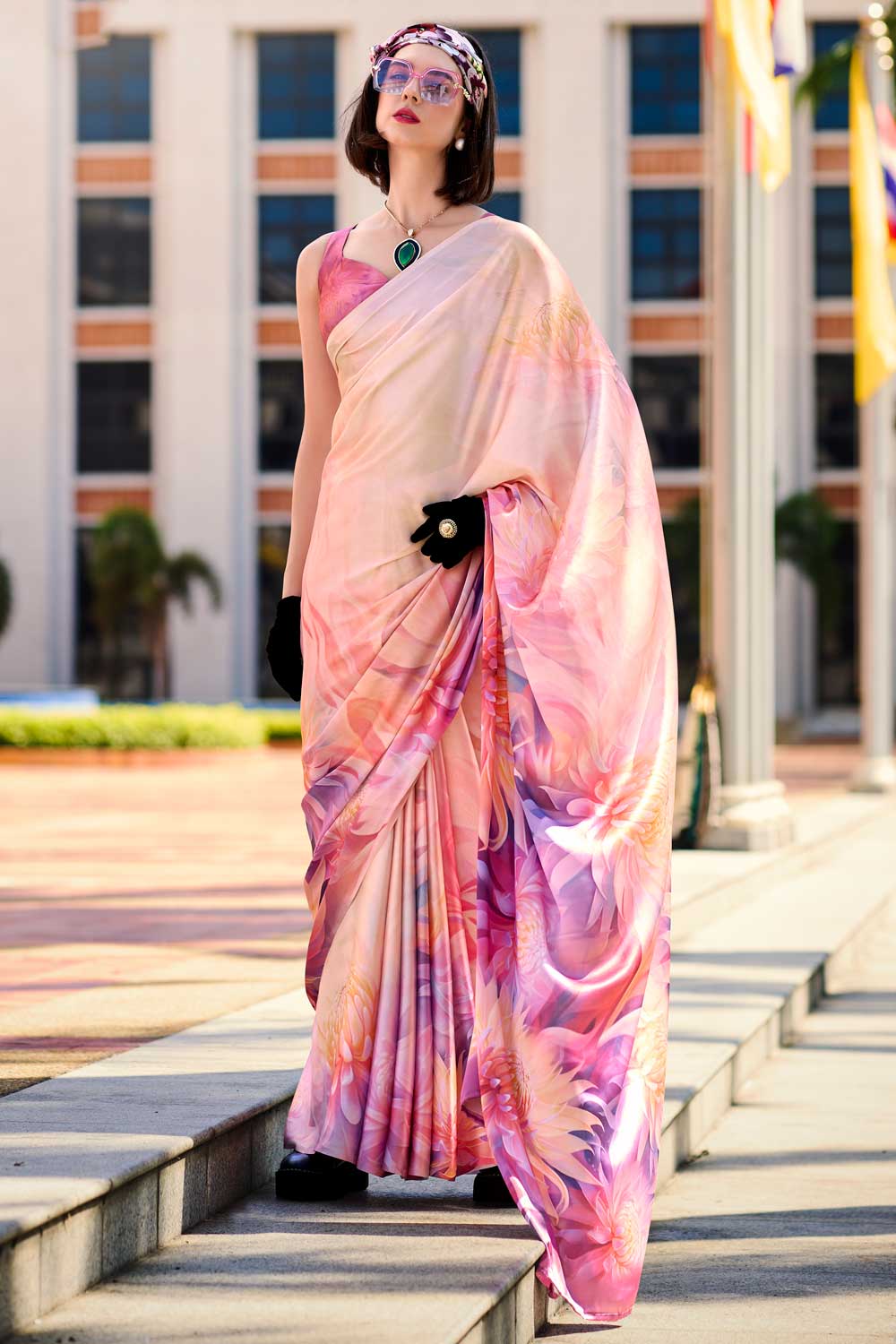 Multi Color Satin Fabric Engaging Saree With Printed Work