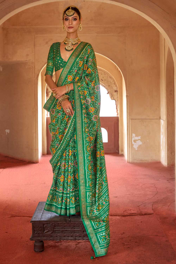 Green Color Art Silk Fabric Patola Printed Festive Saree