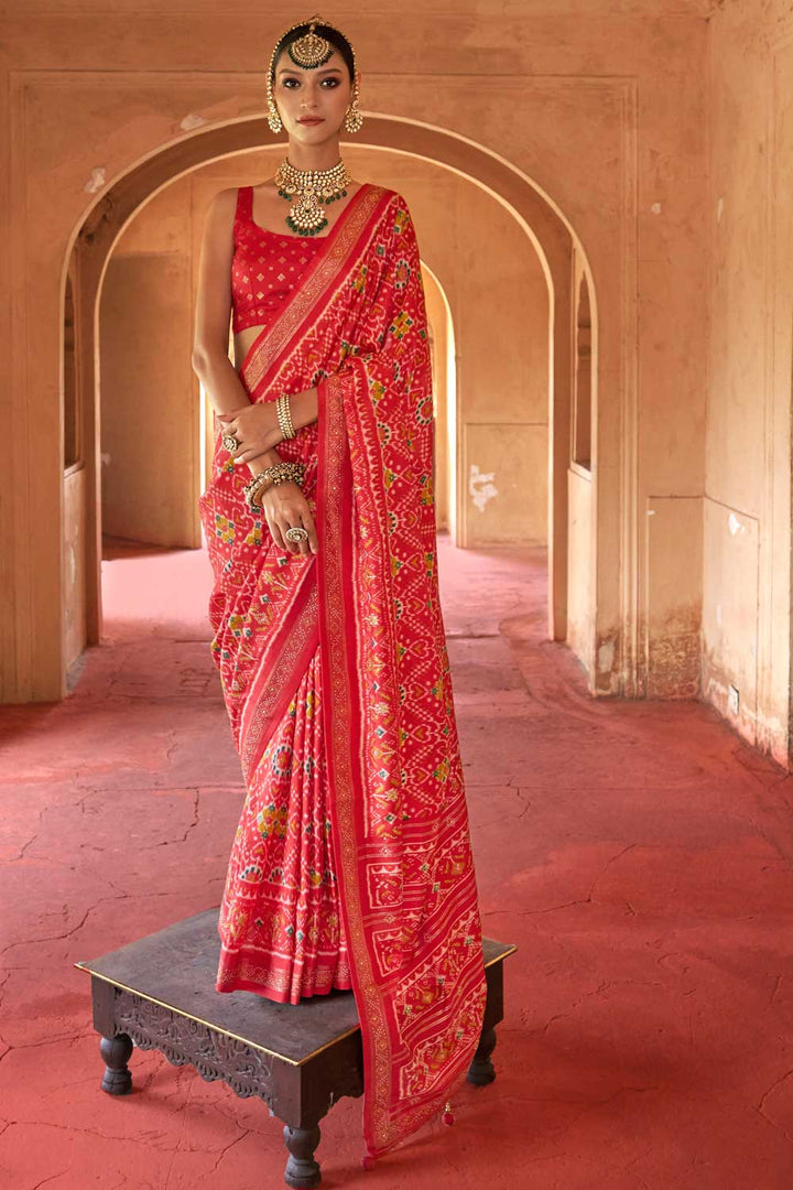Art Silk Fabric Patola Printed Saree In Red Color